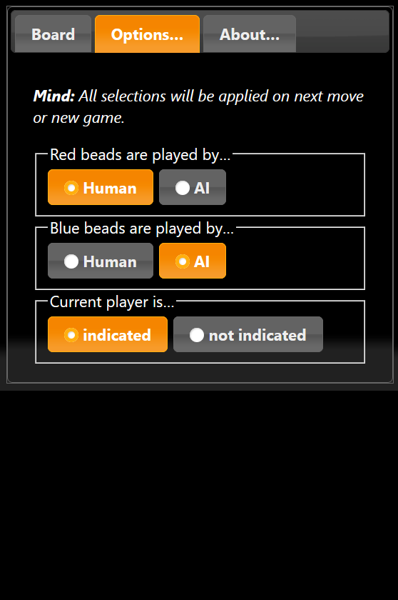 Options menu allowing to selected AI player or human player